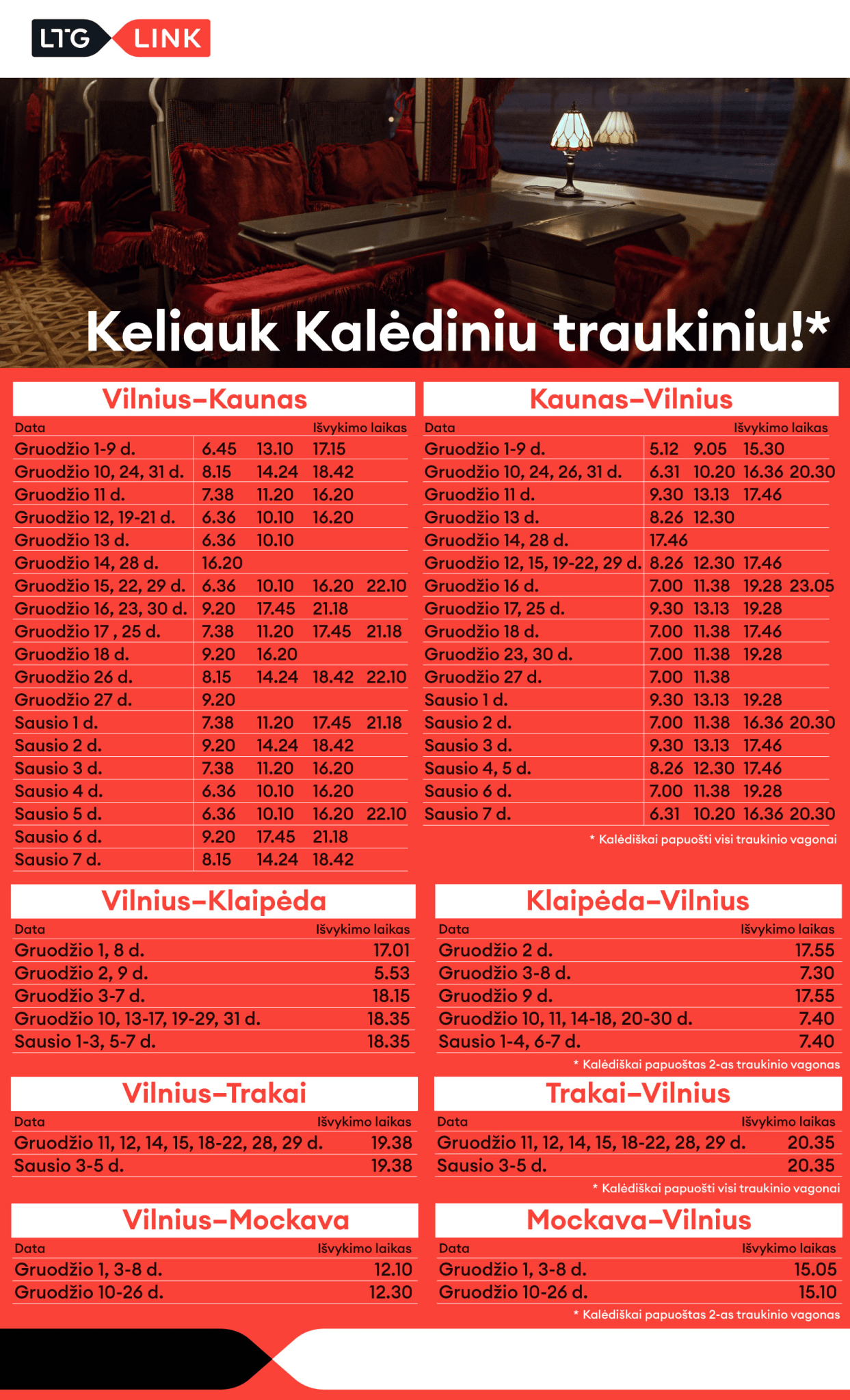Kalėdinių „LTG Link“ traukinių tvarkaraštis