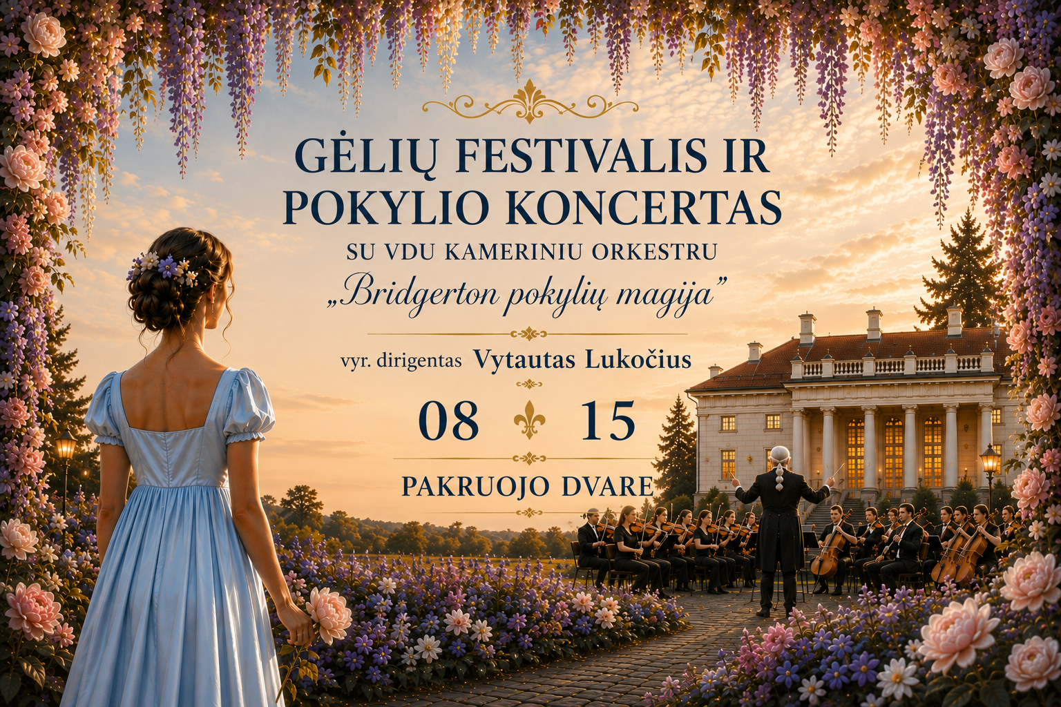 Pakruojo dvare laukia ypatingas vakaras: Vasaros gėlių festivalis ir koncertas „Bridgerton pokylių magija“