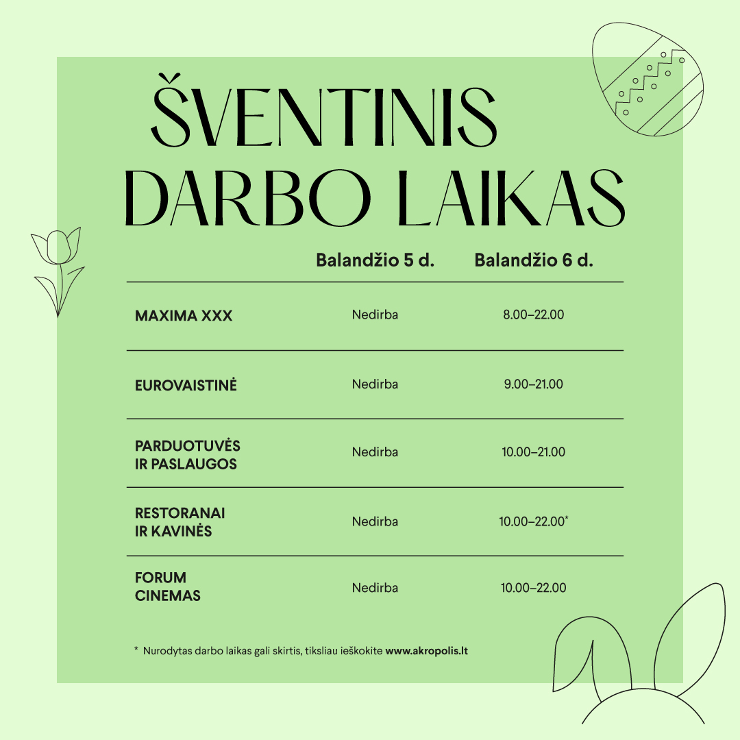 Velykų darbo laikas 2026 Kauno Akropolis