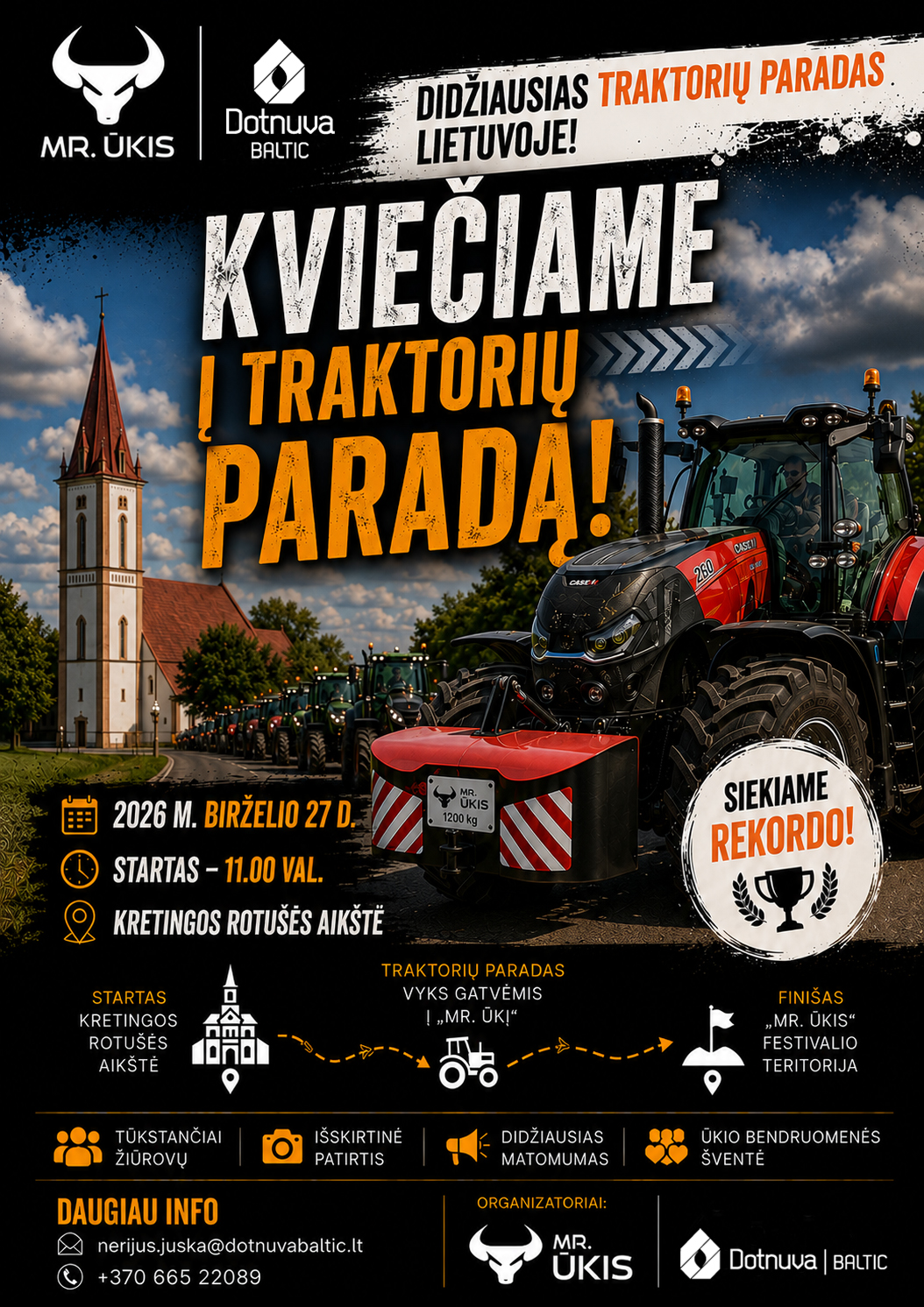 Kretingos rajone – didžiausias traktorių paradas Lietuvoje Ypatinga šio festivalio dalis – maistas. „MR. Ūkyje“ auginami Limuzinų veislės galvijai, todėl lankytojai galės paragauti jautienos patiekalų ir iš arčiau susipažinti su maisto keliu nuo ūkio iki stalo. Čia maistas nėra tik patiekalas lėkštėje – tai pasakojimas apie žmones, jų darbą, atsakomybę, žinias ir kasdienius sprendimus. „Norime, kad žmonės atvažiuotų ne tik į renginį, bet į tikrą ūkį. Kad pamatytų, paliestų, paragautų ir pajustų, jog šiuolaikinis Lietuvos ūkis gali būti atviras, įdomus, modernus ir labai gyvas“, – sako festivalio organizatoriai Monika ir Raimondas Pareigiai.